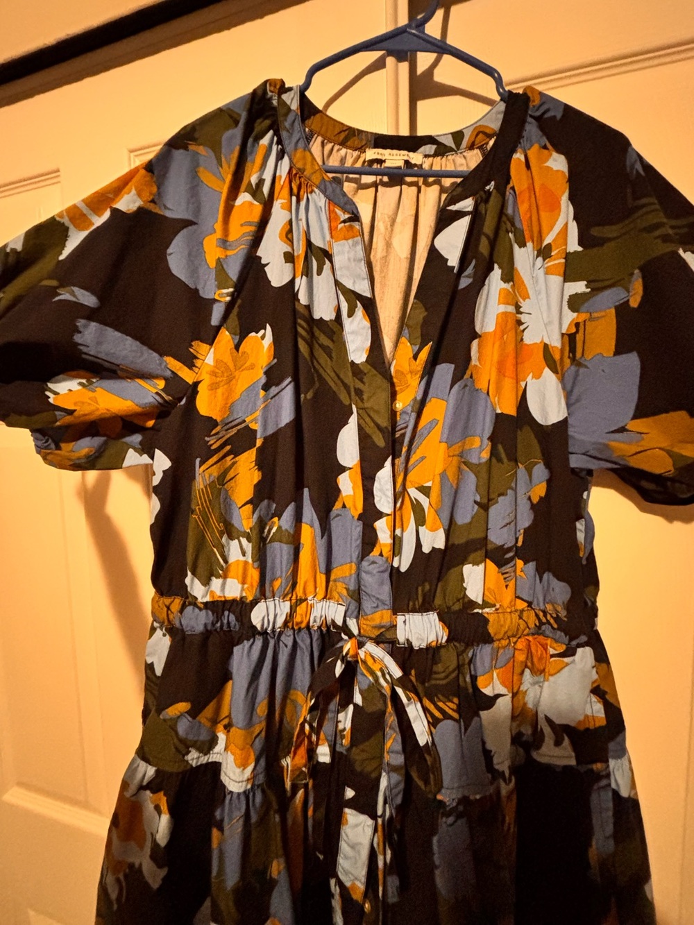 Drawstring Waist Floral Midi Dress in Black, Mustard & Light Blue